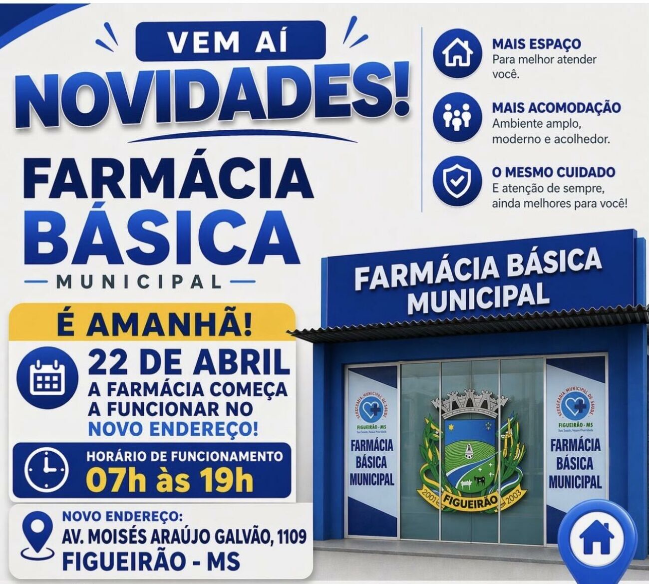 Ilustração da notícia Farmácia Básica Municipal de Figueirão passa a atender em novo endereço a partir desta quarta-feira da MS Todo dia